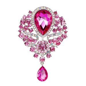 Victorian Style Pink Rhinestone Brooch Teardrop Silver Tone